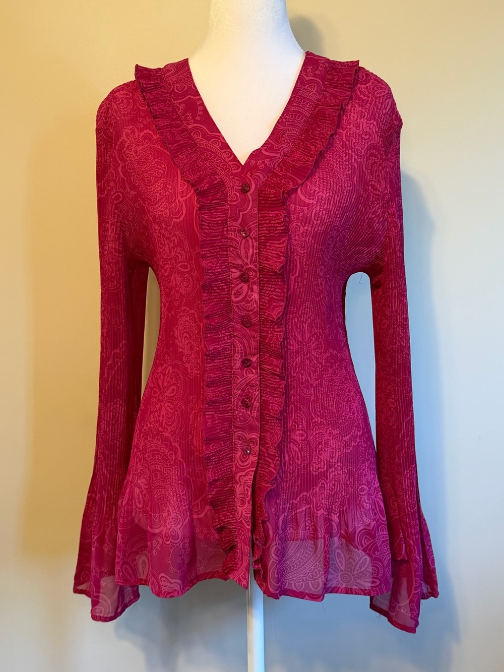 Apt. 9 Fuchsia Paisley Ruffle V-Neck Blouse